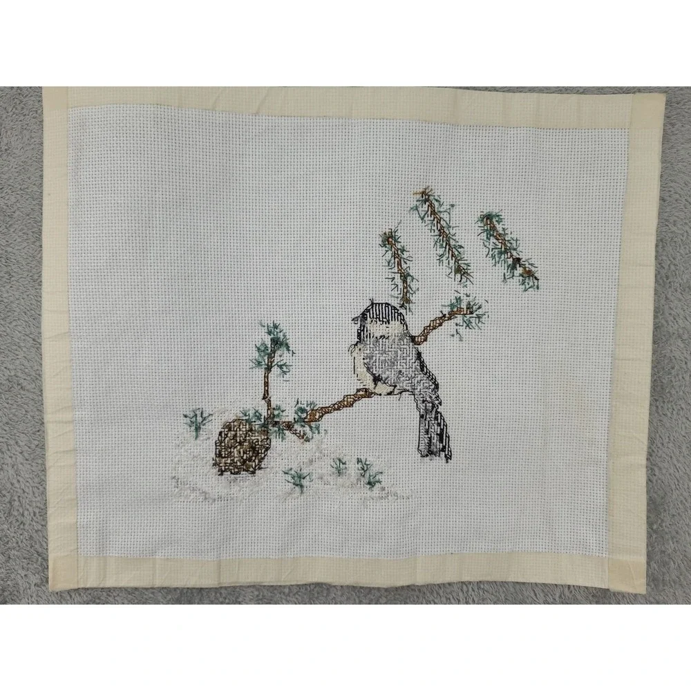 Handmade Cross Stitch Chickadee‎ Winter Scene Needlepoint Art Decor Completed